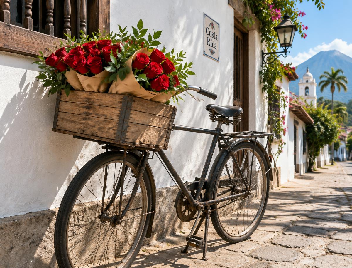 Bicicleta con canasta de rosas frente a una pared blanca colonial