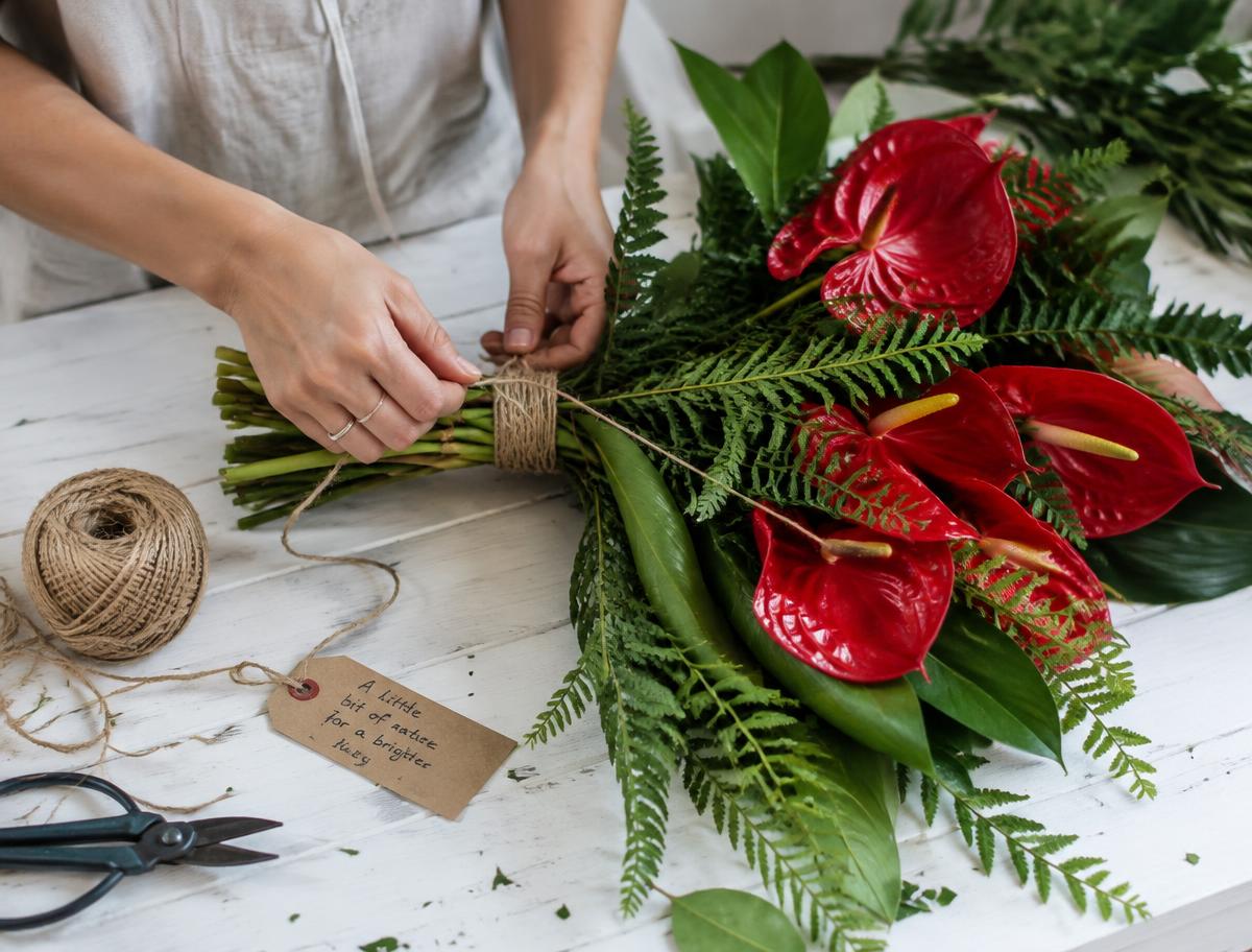 Florista amarrando un ramo de anturios rojos con mecate